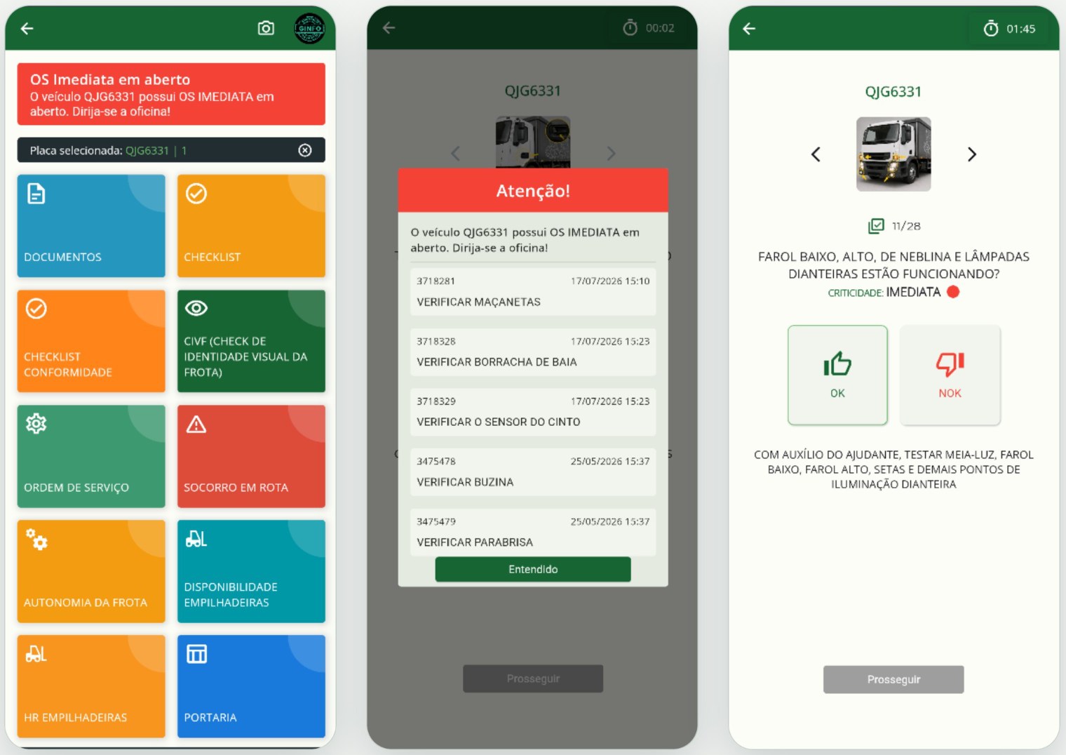 Telas do app GInfo: menu principal, alerta de OS imediata em aberto e item de checklist com OK ou NOK