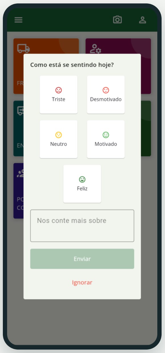 Pergunta de humor no app: triste, desmotivado, neutro, motivado ou feliz