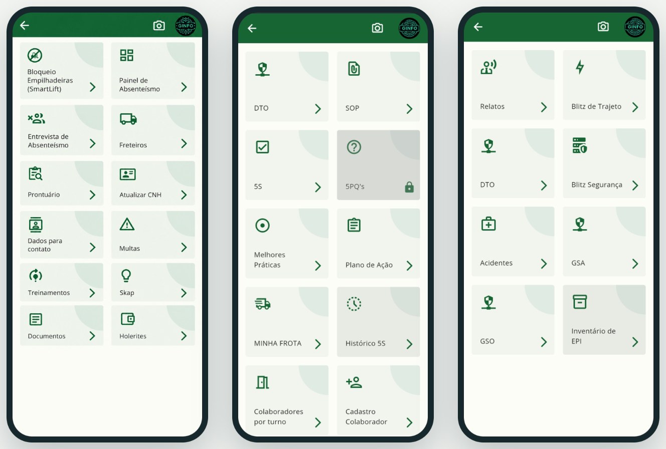 Três telas do Portal do Colaborador no app GInfo